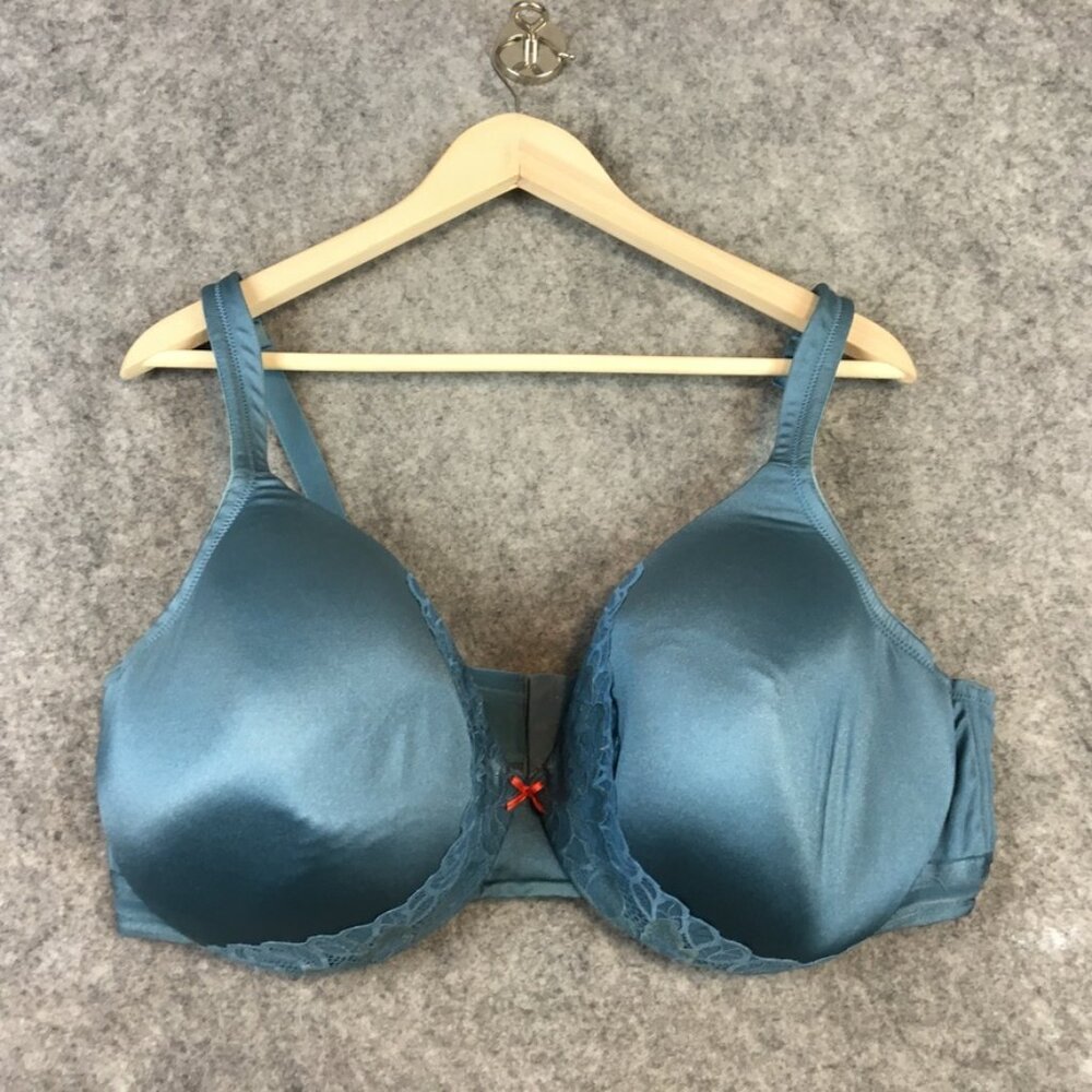 Cacique Bra 44DDD Lightly Lined Full Coverage Dusty Blue Lace Underwire Satin